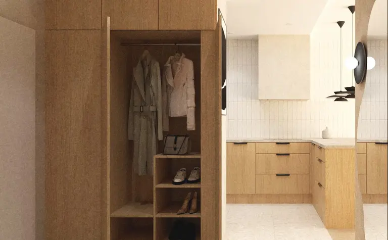 Wnętrze garderoby w stylu japandi, minimalistycznym i współczesnym z drewnianymi meblami.
