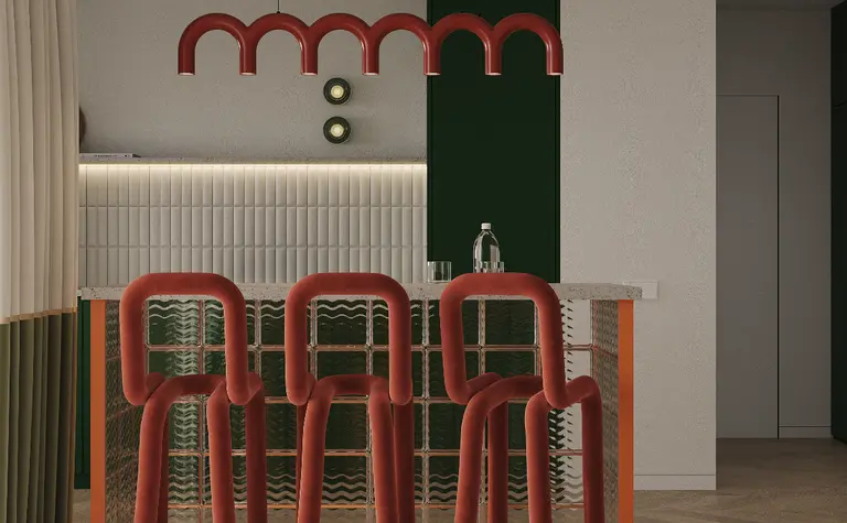 Wnętrze kuchni w stylu art deco z czerwonymi akcentami i zielonymi detalami.
