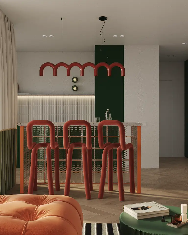 Wnętrze kuchni w stylu art deco z czerwonymi akcentami i zielonymi detalami.
