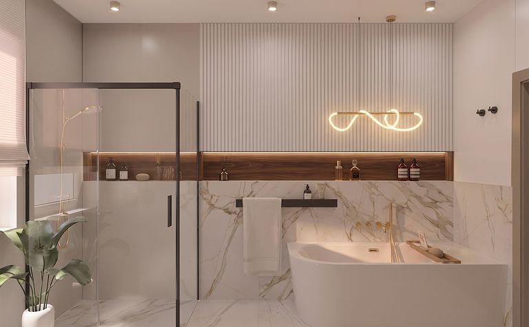 Nowoczesna łazienka z wanną, prysznicem i minimalistycznym designem, styl quiet luxury.