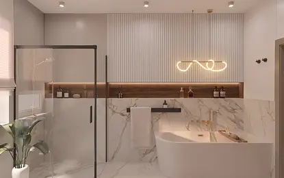 Nowoczesna łazienka z wanną, prysznicem i minimalistycznym designem, styl quiet luxury.