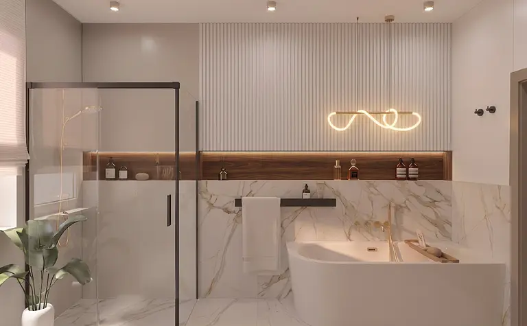 Nowoczesna łazienka z wanną, prysznicem i minimalistycznym designem, styl quiet luxury.