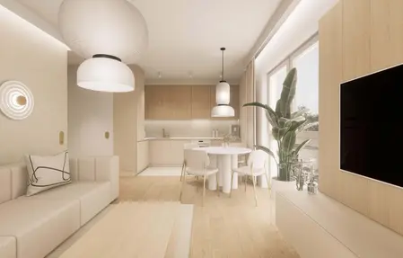 Wnętrze kuchni w stylu japandi, minimalistycznym, z nowoczesnymi akcentami