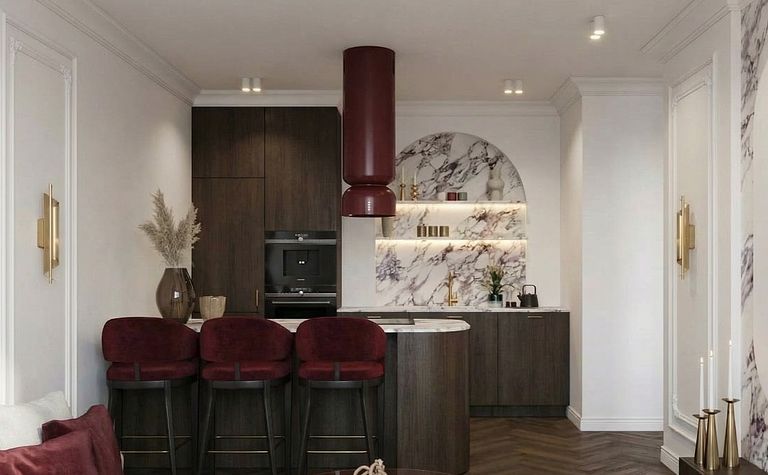 Kuchnia w stylu minimalistycznym i nowoczesnym z marmurowym blatem oraz ciemnymi meblami.