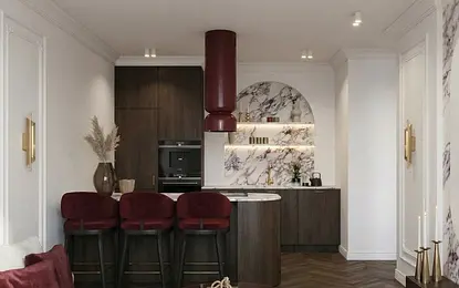Kuchnia w stylu minimalistycznym i nowoczesnym z marmurowym blatem oraz ciemnymi meblami.