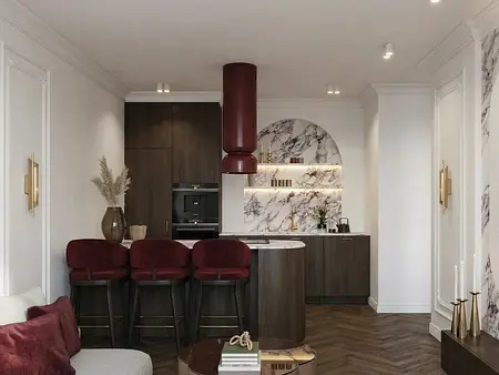 Kuchnia w stylu minimalistycznym i nowoczesnym z marmurowym blatem oraz ciemnymi meblami.