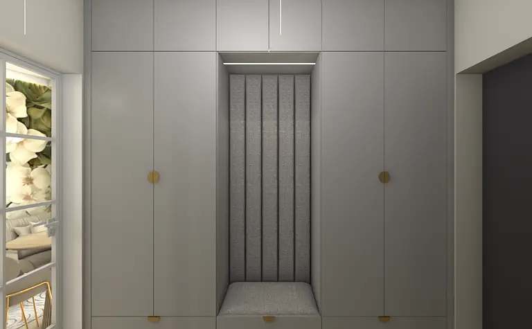 Garderoba z szarymi meblami, nowoczesny styl, praktyczna przestrzeń.
