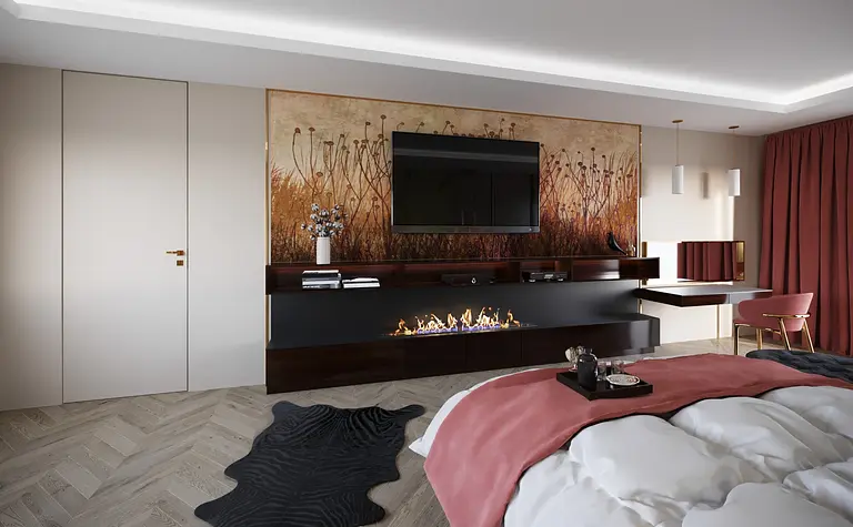 Wnętrze sypialni z telewizorem, kominkiem oraz nowoczesnymi meblami.