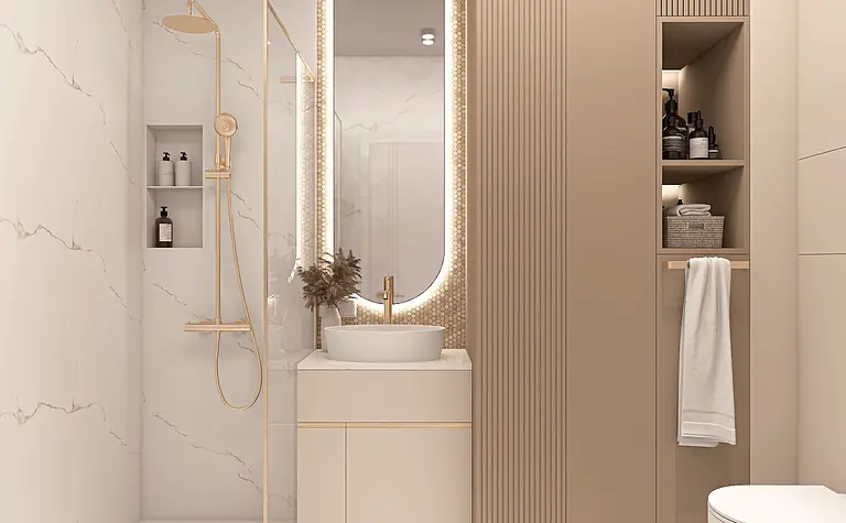 Nowoczesna łazienka w stylu glamour i japandi z eleganckimi detalami