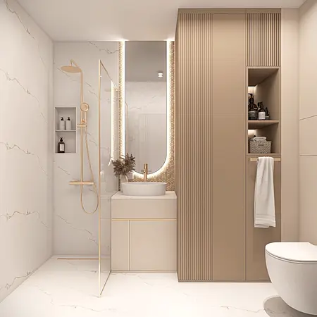 Nowoczesna łazienka w stylu glamour i japandi z eleganckimi detalami