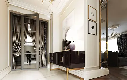 Przedpokój w stylu glamour z nowoczesnymi elementami, lustrami i eleganckimi zasłonami.