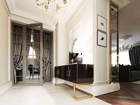 Przedpokój w stylu glamour z nowoczesnymi elementami, lustrami i eleganckimi zasłonami.