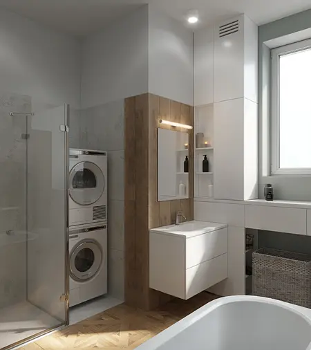 Nowoczesna łazienka w stylu art deco i glamour z prysznicem i białymi meblami.