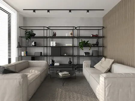 Wnętrze salonu w stylu industrialnym i minimalistycznym z szarymi ścianami i jasnymi meblami.