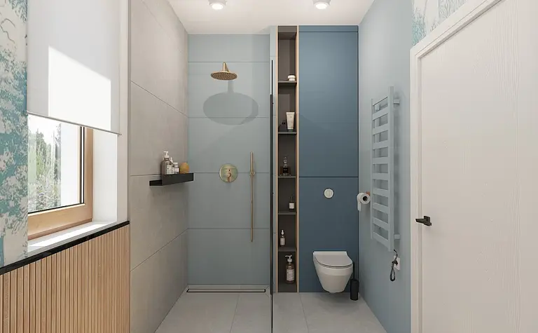 Nowoczesna łazienka z niebieskimi i szarymi elementami, art deco, minimalizm, quiet luxury.