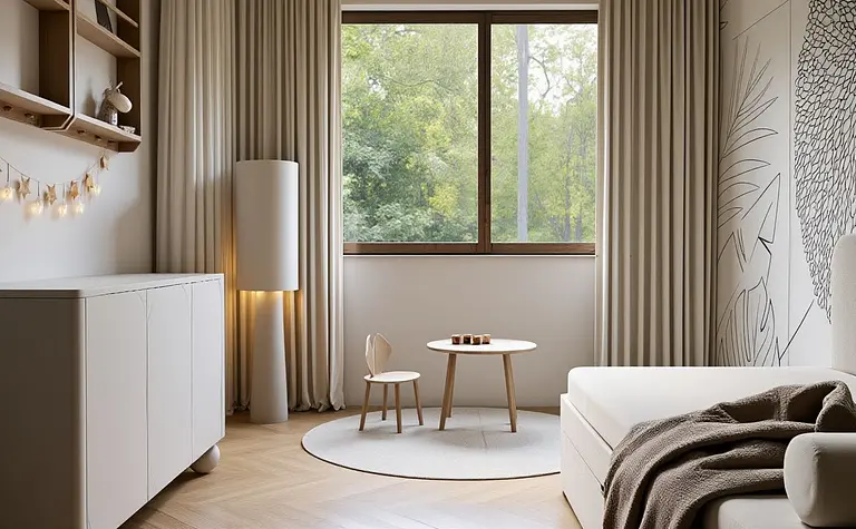 Wnętrze pokoju w stylu japandi z minimalistycznymi meblami i dużym oknem