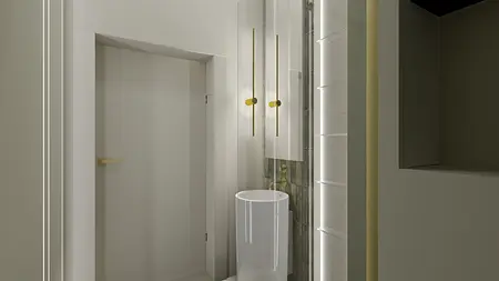 Wnętrze łazienki z białą umywalką, złotymi detalami i minimalistycznym designem.