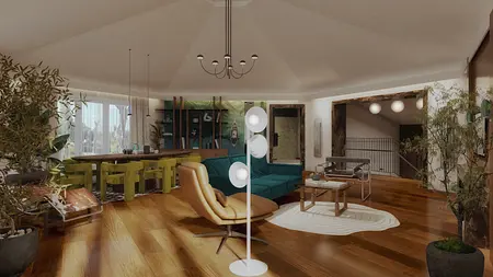 Wnętrze salonu w stylu art deco z zieloną sofą i drewnianymi elementami