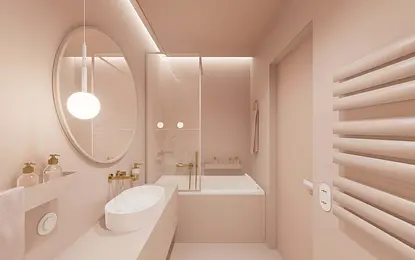Nowoczesna łazienka w stylu japandi, minimalistyczna, quiet luxury z wanną i umywalką.