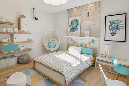 Wnętrze pokoju dziecięcego w stylu boho, minimalistycznym i skandynawskim z wiszącym fotelem.