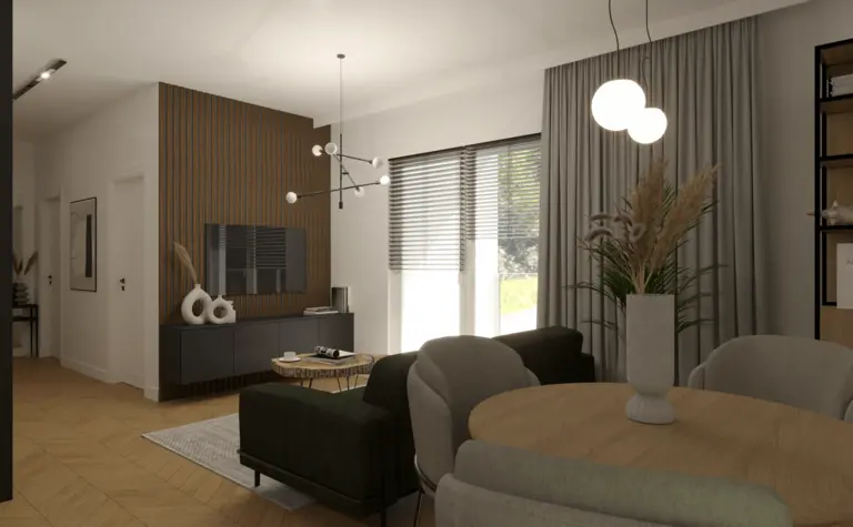 Wnętrze w stylu industrialnym z minimalistycznym akcentem, nowoczesny salon z drewnianymi detalami.