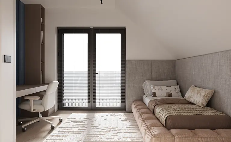 Wnętrze poddasza z minimalistycznym biurkiem i łóżkiem, nowoczesny design.