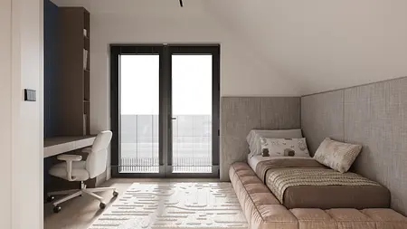 Wnętrze poddasza z minimalistycznym biurkiem i łóżkiem, nowoczesny design.