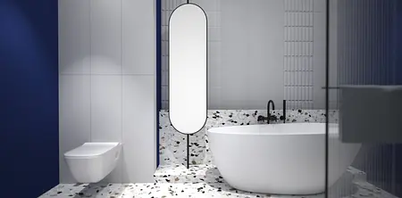 Elegancka łazienka w stylu eklektycznym, minimalistycznym, nowoczesnym i vintage z białą wanną.