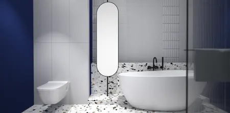 Elegancka łazienka w stylu eklektycznym, minimalistycznym, nowoczesnym i vintage z białą wanną.