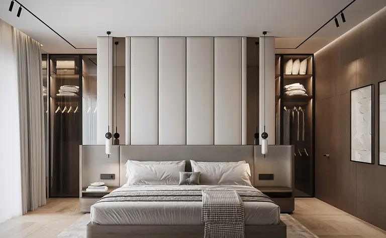 Wnętrze sypialni z nowoczesnym wezgłowiem, w stylu quiet luxury.