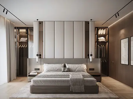 Wnętrze sypialni z nowoczesnym wezgłowiem, w stylu quiet luxury.