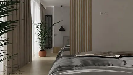 Sypialnia z minimalistycznym wystrojem, szarymi zasłonami i drewnianymi detalami.