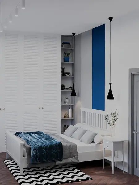 Sypialnia z niebieską ścianą i białymi meblami, nowoczesny design.