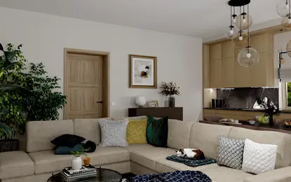 Wnętrze salonu z nowoczesnymi meblami w stylu glamour, vintage i quiet luxury.