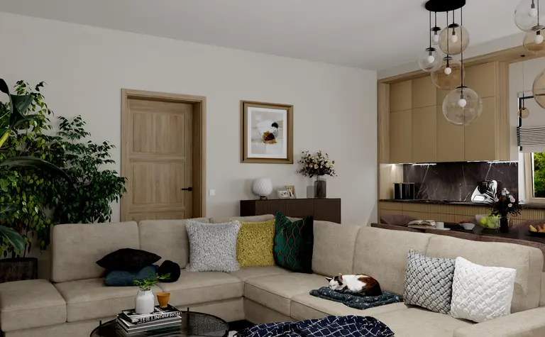 Wnętrze salonu z nowoczesnymi meblami w stylu glamour, vintage i quiet luxury.