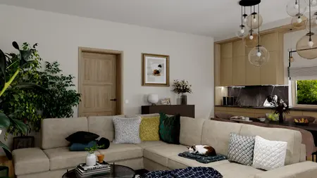 Wnętrze salonu z nowoczesnymi meblami w stylu glamour, vintage i quiet luxury.