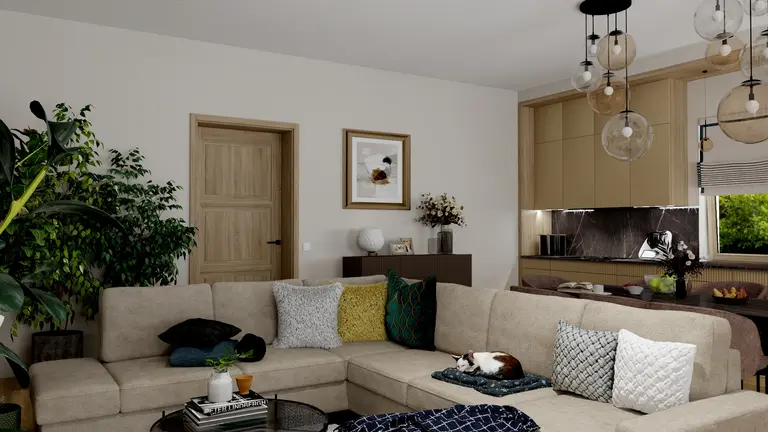 Wnętrze salonu z nowoczesnymi meblami w stylu glamour, vintage i quiet luxury.