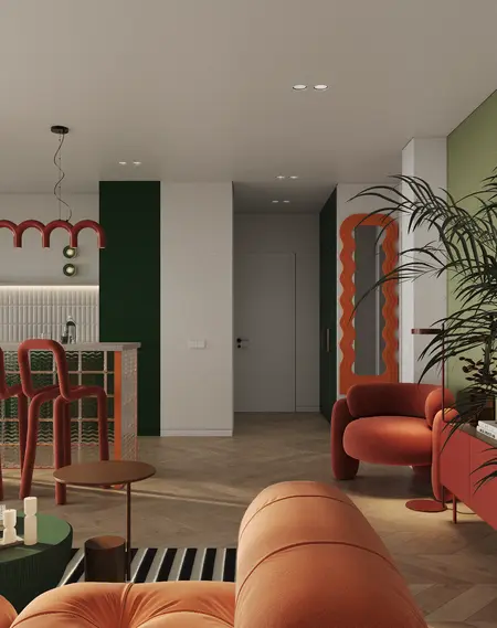 Wnętrze w stylu art deco z pomarańczowymi meblami, zielonymi ścianami i industrialnymi detalami.