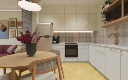 Kuchnia w stylu art deco, boho, japandi z białymi meblami i kolorowymi akcentami.