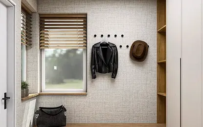 Przedpokój w stylu minimalistycznym z szafą i drewnianymi detalami.