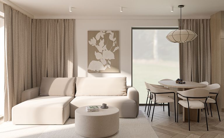 Wnętrze salonu z jasnymi meblami, drewnianym stołem i zasłonami. Styl boho i minimalistyczny.