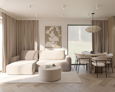 Wnętrze salonu z jasnymi meblami, drewnianym stołem i zasłonami. Styl boho i minimalistyczny.