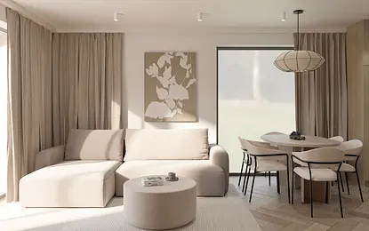 Wnętrze salonu z jasnymi meblami, drewnianym stołem i zasłonami. Styl boho i minimalistyczny.