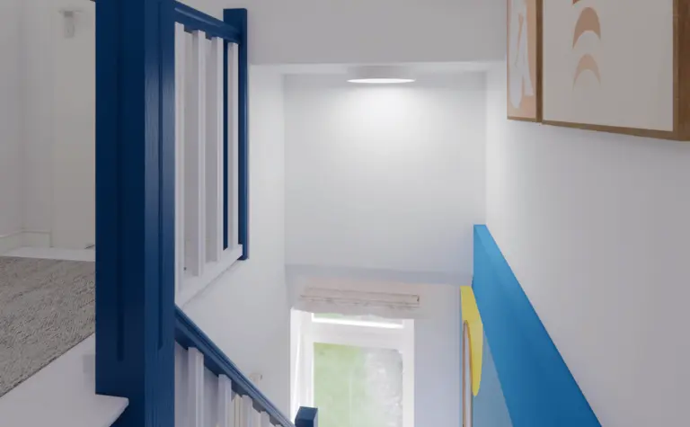 Wnętrze schodów z niebieską balustradą i obrazami, styl dopamine decor.