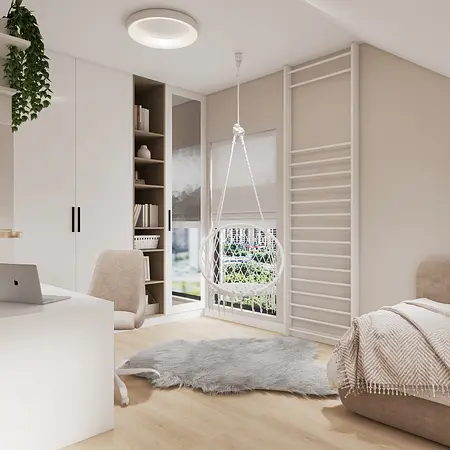 Wnętrze pokoju z białymi meblami, wiszącym fotelem i elementami glamour i japandi.