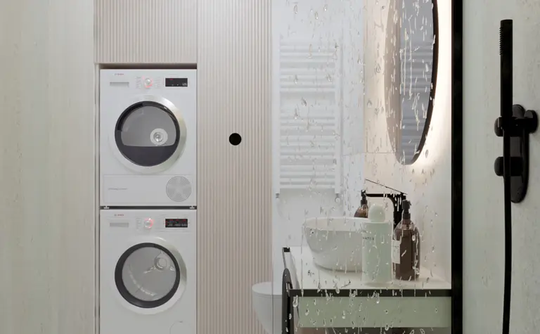 Wnętrze łazienki z elementami minimalistycznymi i nowoczesnymi, prysznic i pralka.