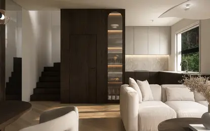Wnętrze z białą sofą, drewnianymi akcentami i nowoczesnym designem.