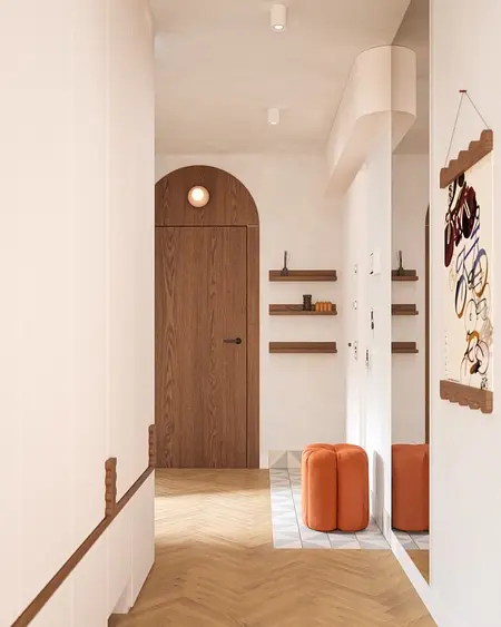 Przedpokój w stylach art deco, eklektycznym, nowoczesnym, vintage i współczesnym z drewnianymi elementami.