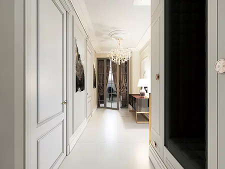 Przedpokój w stylu glamour z nowoczesnym oświetleniem i współczesnymi akcentami.