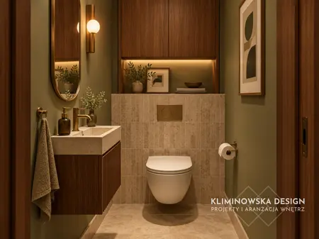 Wnętrze łazienki w stylu art deco i vintage z drewnem i beżowymi elementami.